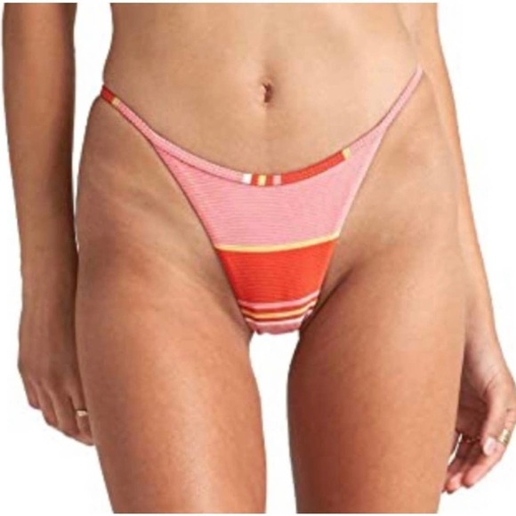 Billa Bong Stripe Mid Bum Coverage Bikinis Bottom Pink Red Women's Size XL NWOT - Picture 1 of 11